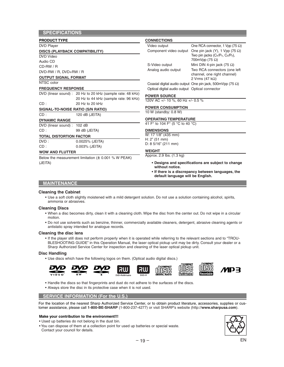 Sharp DV-SL80U User Manual | Page 19 / 24