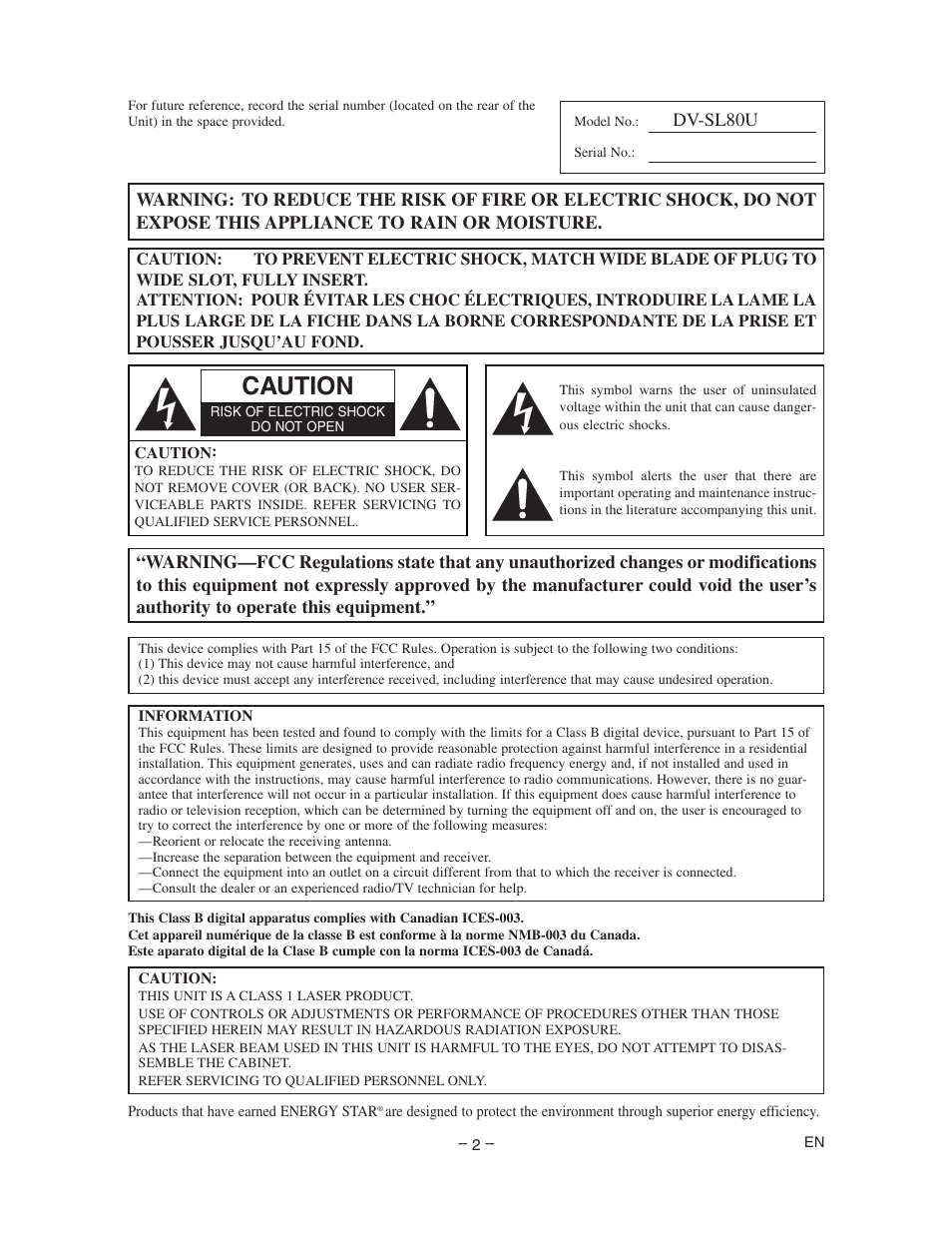 Caution | Sharp DV-SL80U User Manual | Page 2 / 24