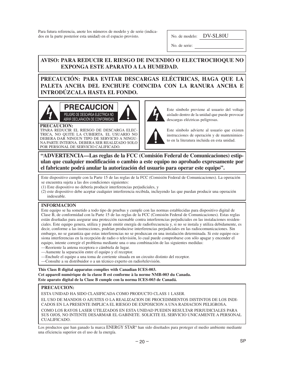 Precaucion | Sharp DV-SL80U User Manual | Page 20 / 24