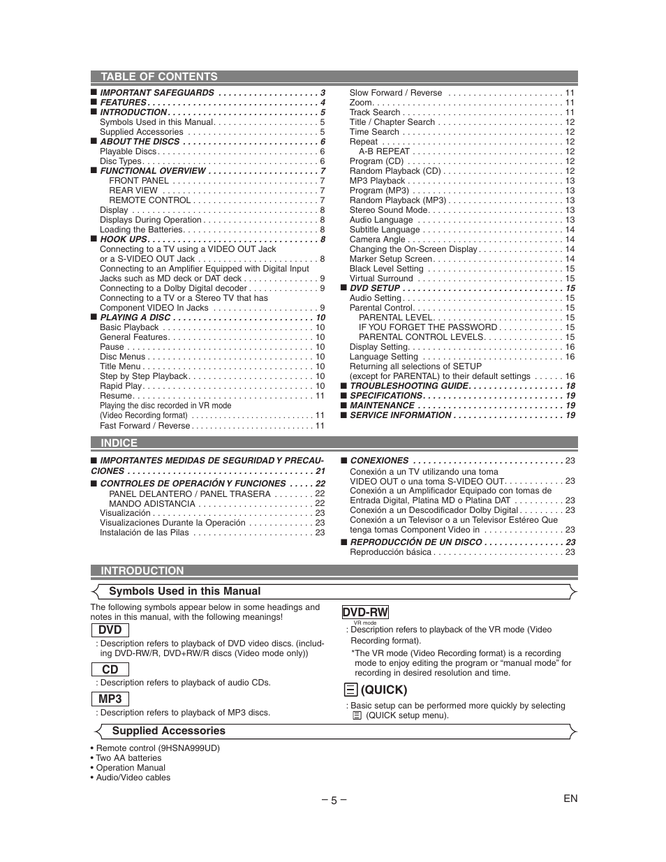 Quick), Dvd-rw mp3 cd dvd | Sharp DV-SL80U User Manual | Page 5 / 24