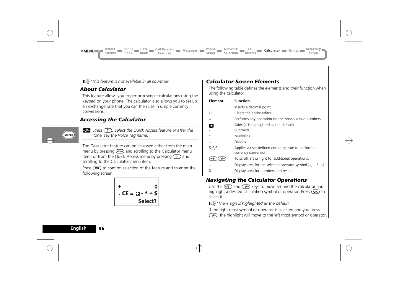The calculator menu | Motorola Timeport 250 User Manual | Page 100 / 128