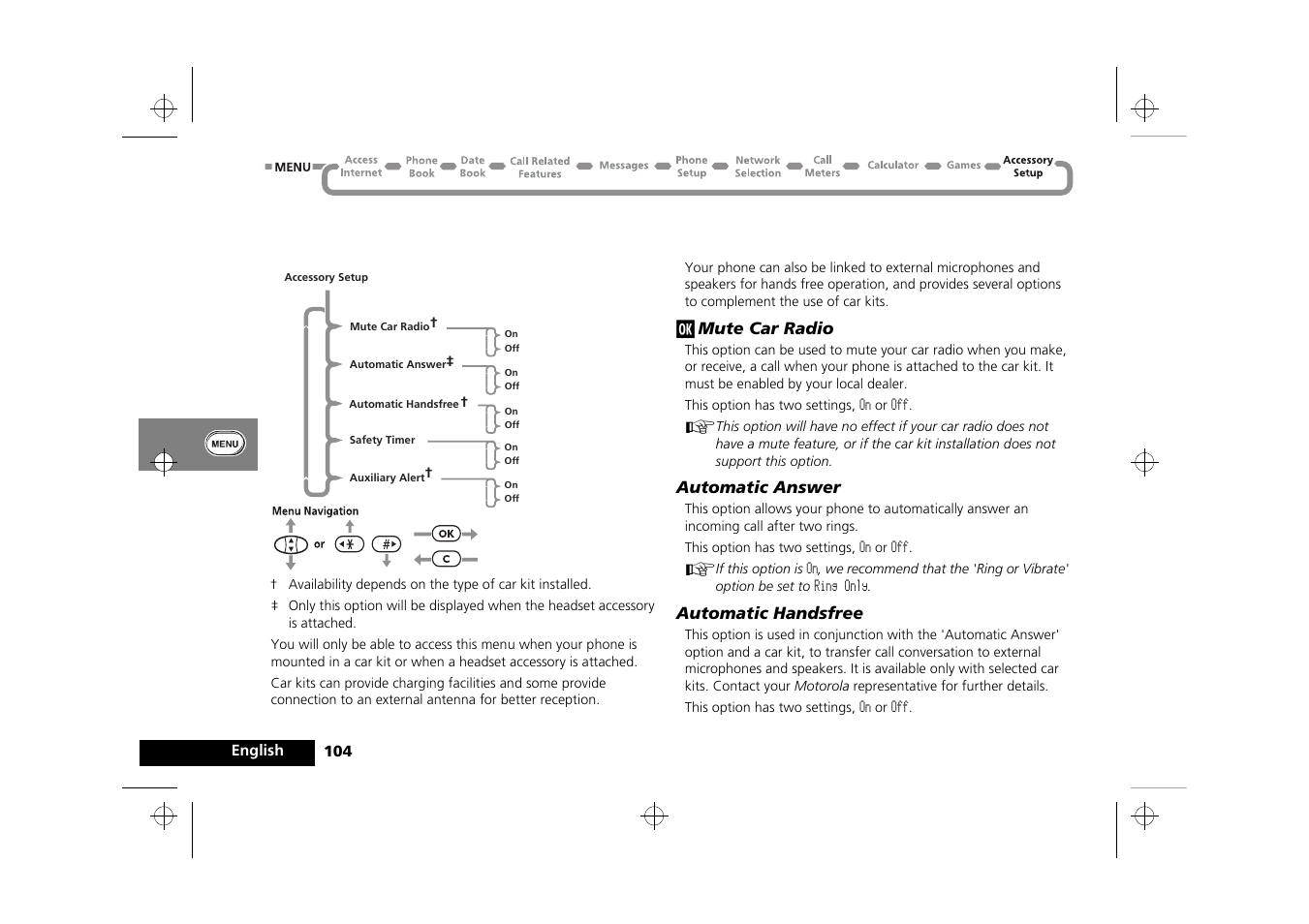 Accessory setup menu | Motorola Timeport 250 User Manual | Page 108 / 128