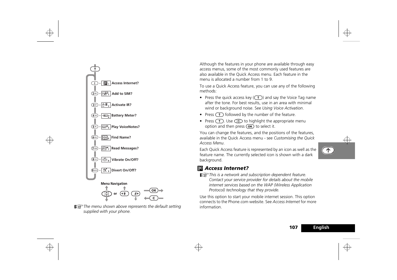 Using the quick access menu | Motorola Timeport 250 User Manual | Page 111 / 128