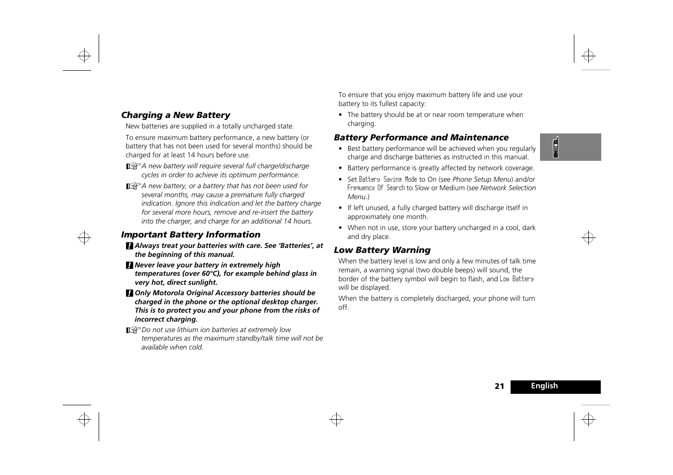 Your battery | Motorola Timeport 250 User Manual | Page 25 / 128