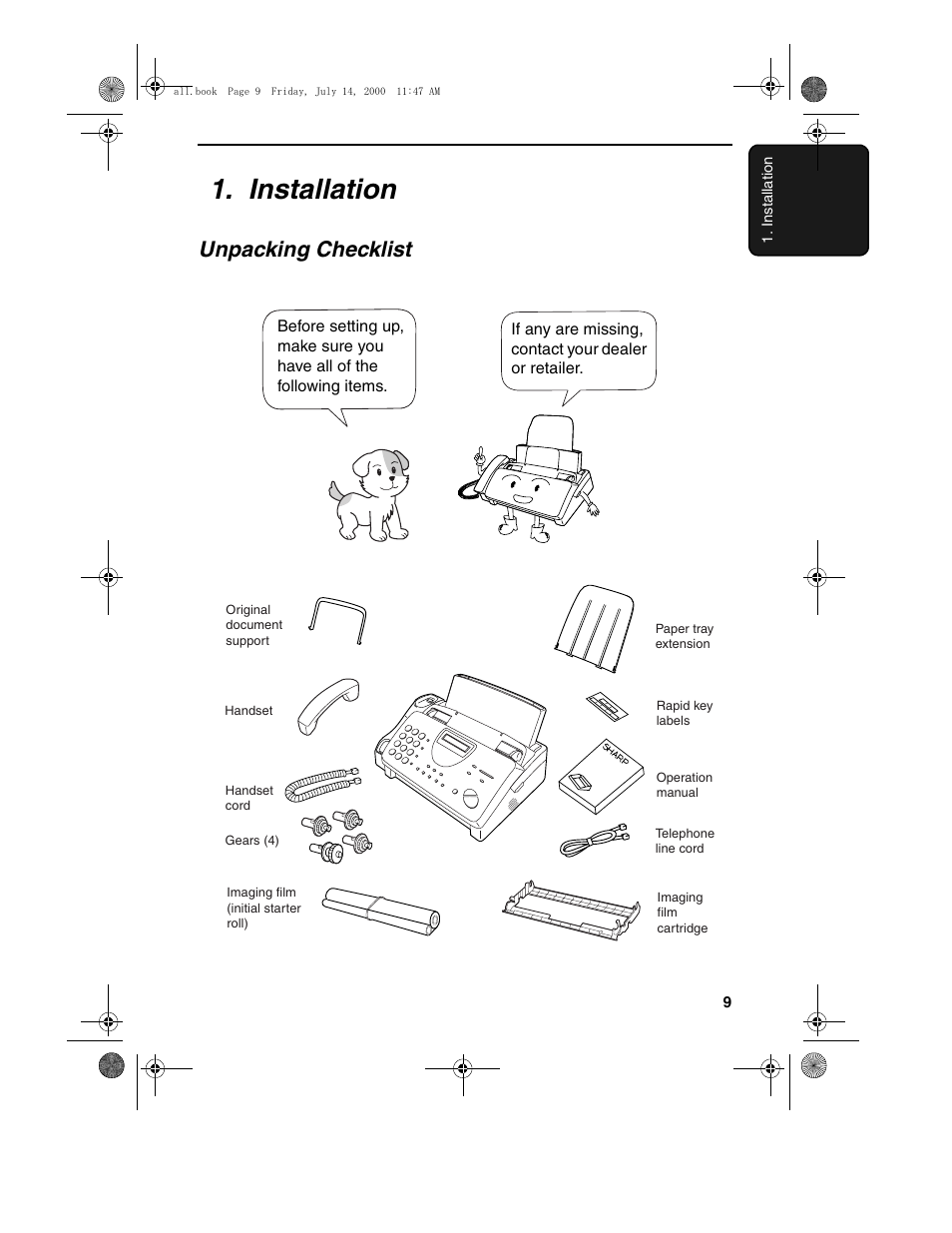 Installation, Unpacking checklist | Sharp FO-775L User Manual | Page 11 / 156