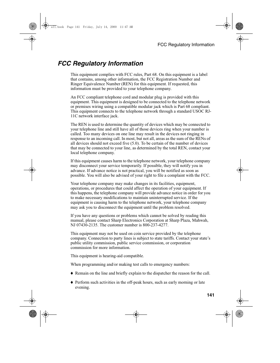 Fcc regulatory information | Sharp FO-775L User Manual | Page 143 / 156