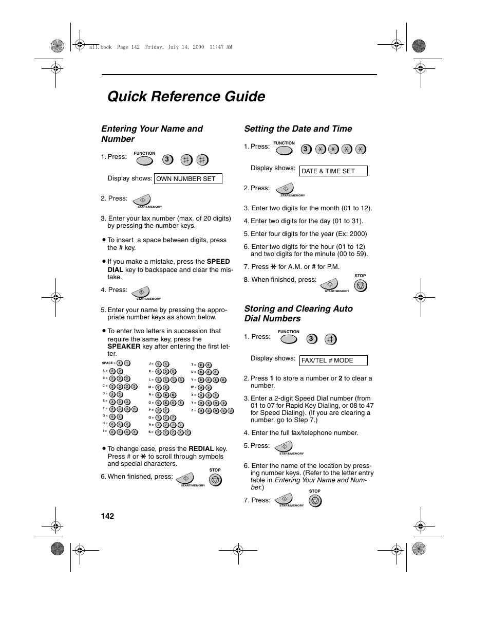 Quick reference guide, Entering your name and number, Setting the date and time | Storing and clearing auto dial numbers | Sharp FO-775L User Manual | Page 144 / 156