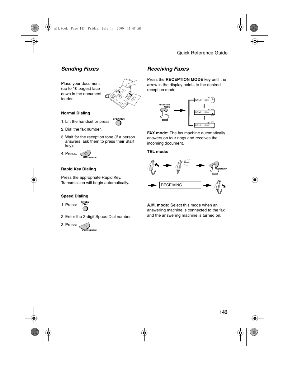 Sending faxes, Receiving faxes, Quick reference guide 143 | Sharp FO-775L User Manual | Page 145 / 156