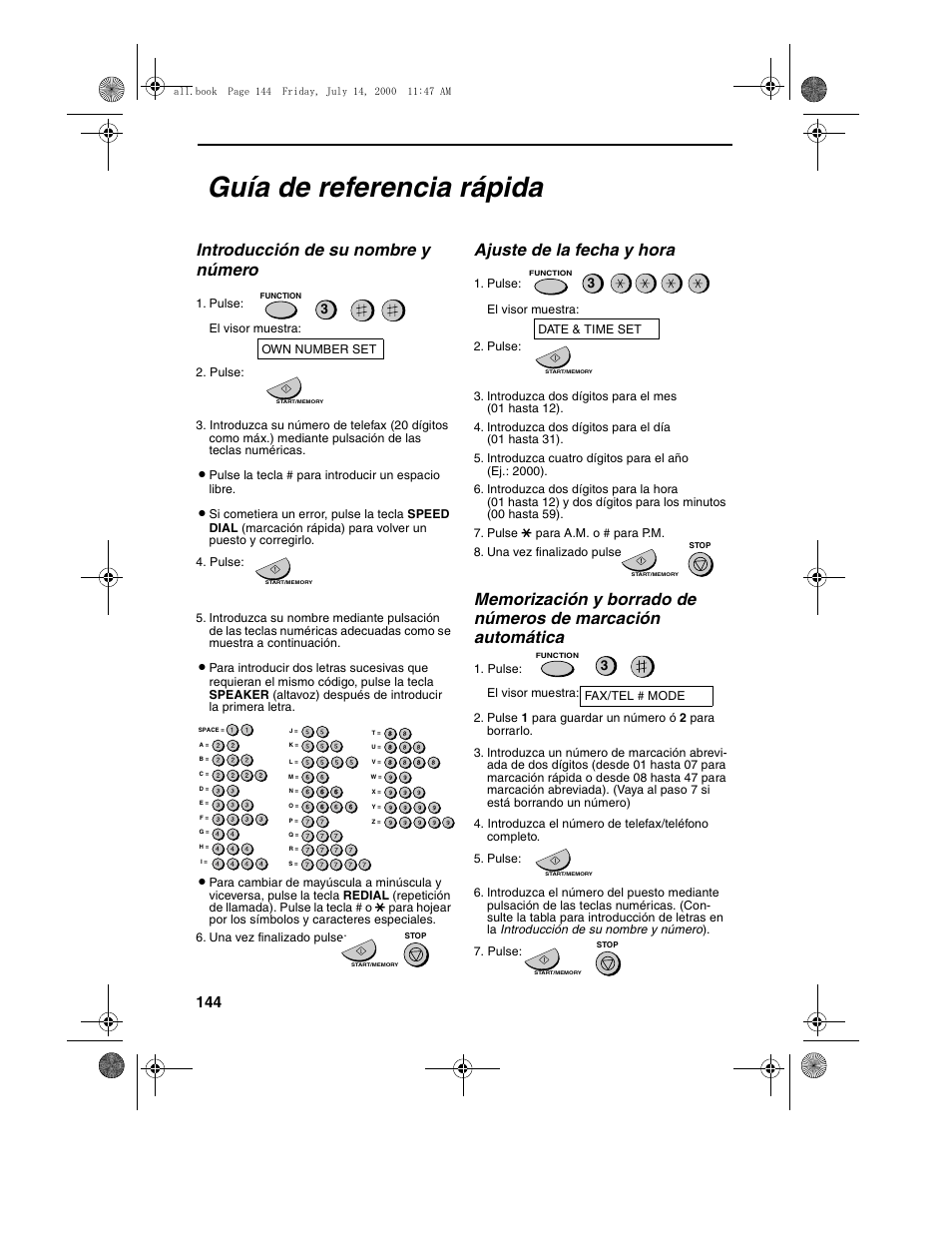 Guía de referencia rápida, Introducción de su nombre y número, Ajuste de la fecha y hora | Sharp FO-775L User Manual | Page 146 / 156