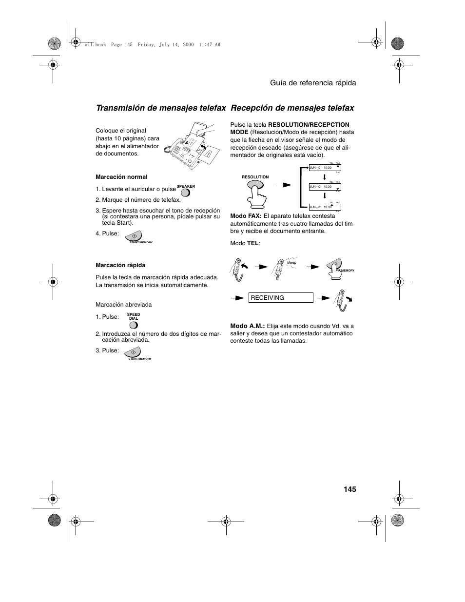 Transmisión de mensajes telefax, Recepción de mensajes telefax, Guía de referencia rápida 145 | Modo a.m | Sharp FO-775L User Manual | Page 147 / 156