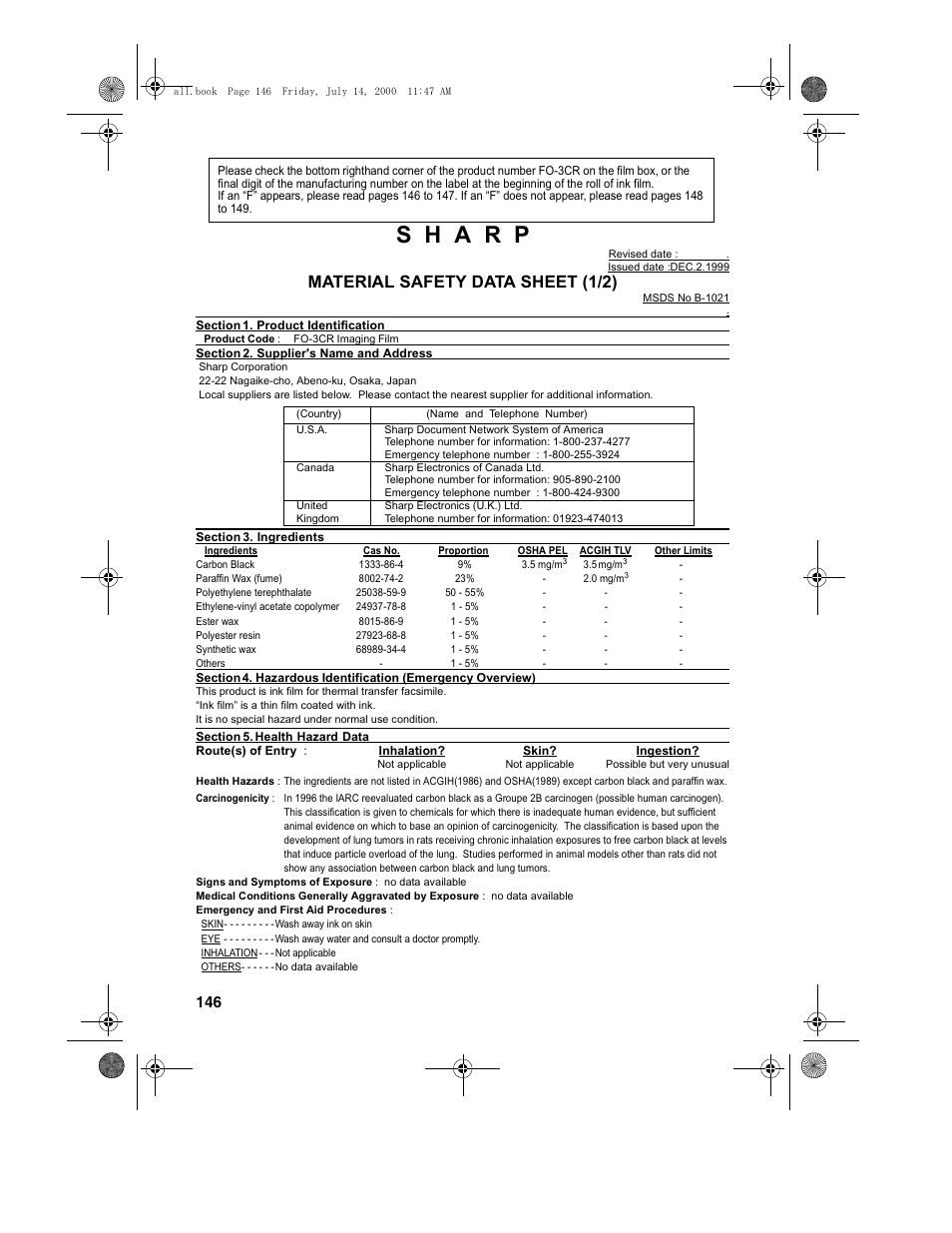 Material safety data sheet (1/2) | Sharp FO-775L User Manual | Page 148 / 156