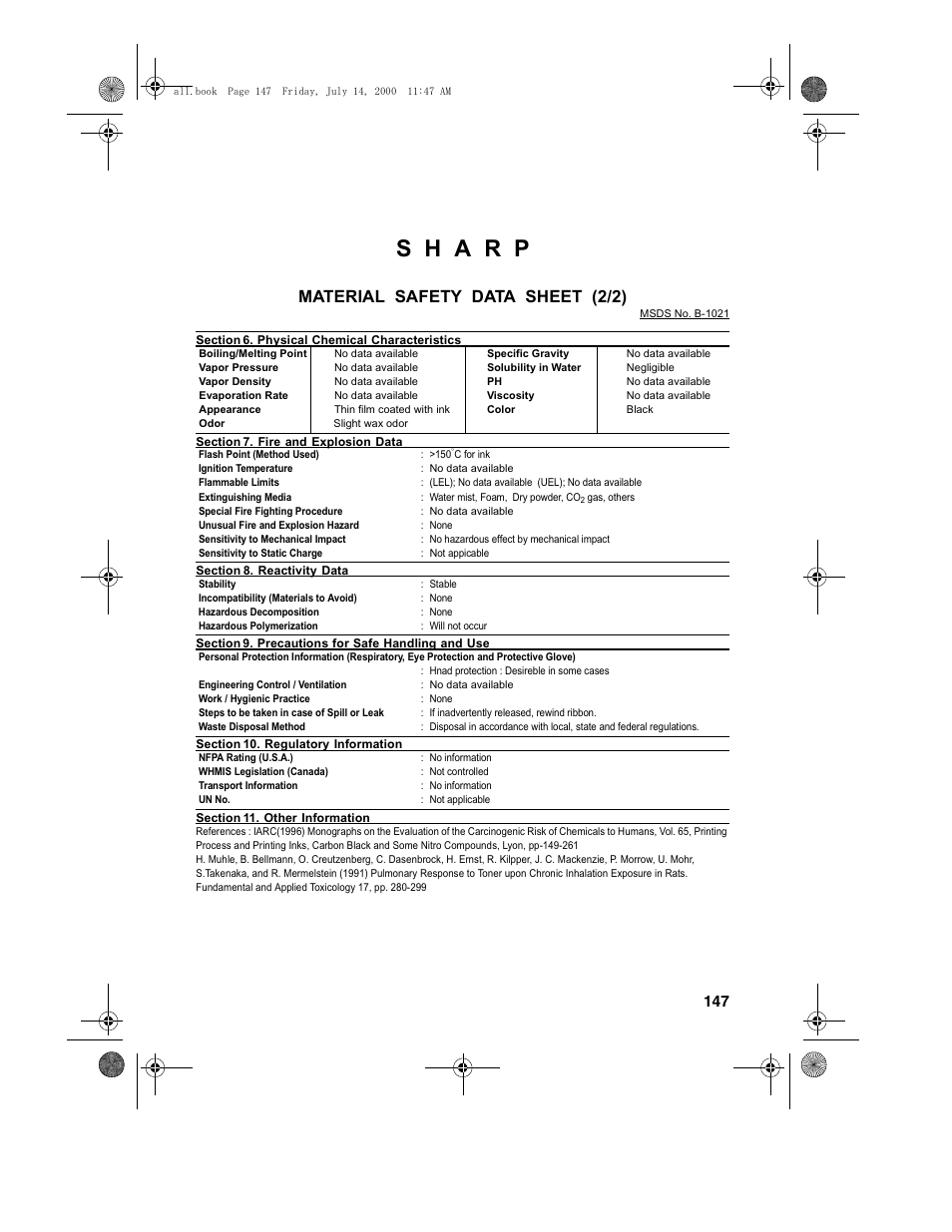 Material safety data sheet (2/2) | Sharp FO-775L User Manual | Page 149 / 156