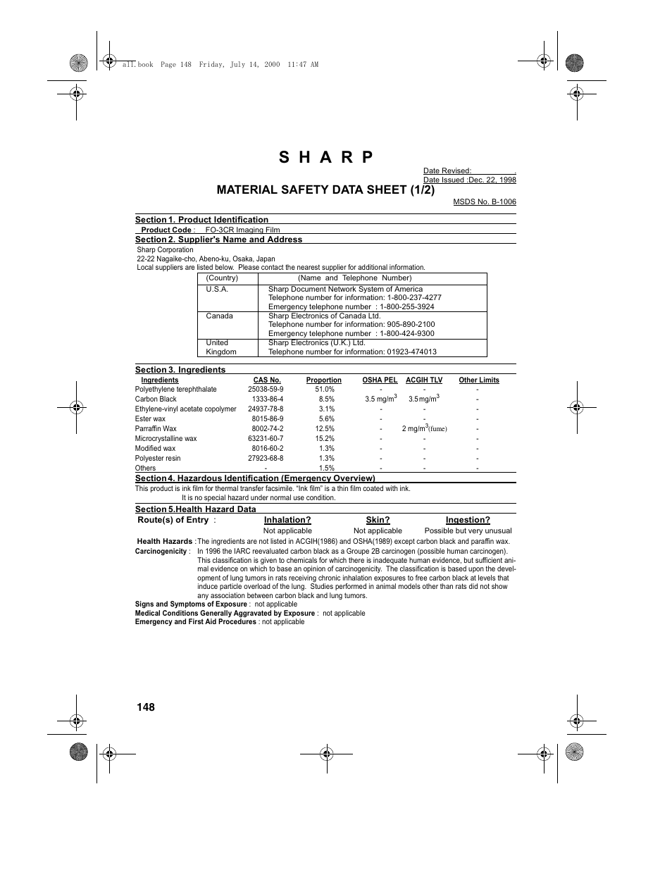 Material safety data sheet (1/2) | Sharp FO-775L User Manual | Page 150 / 156