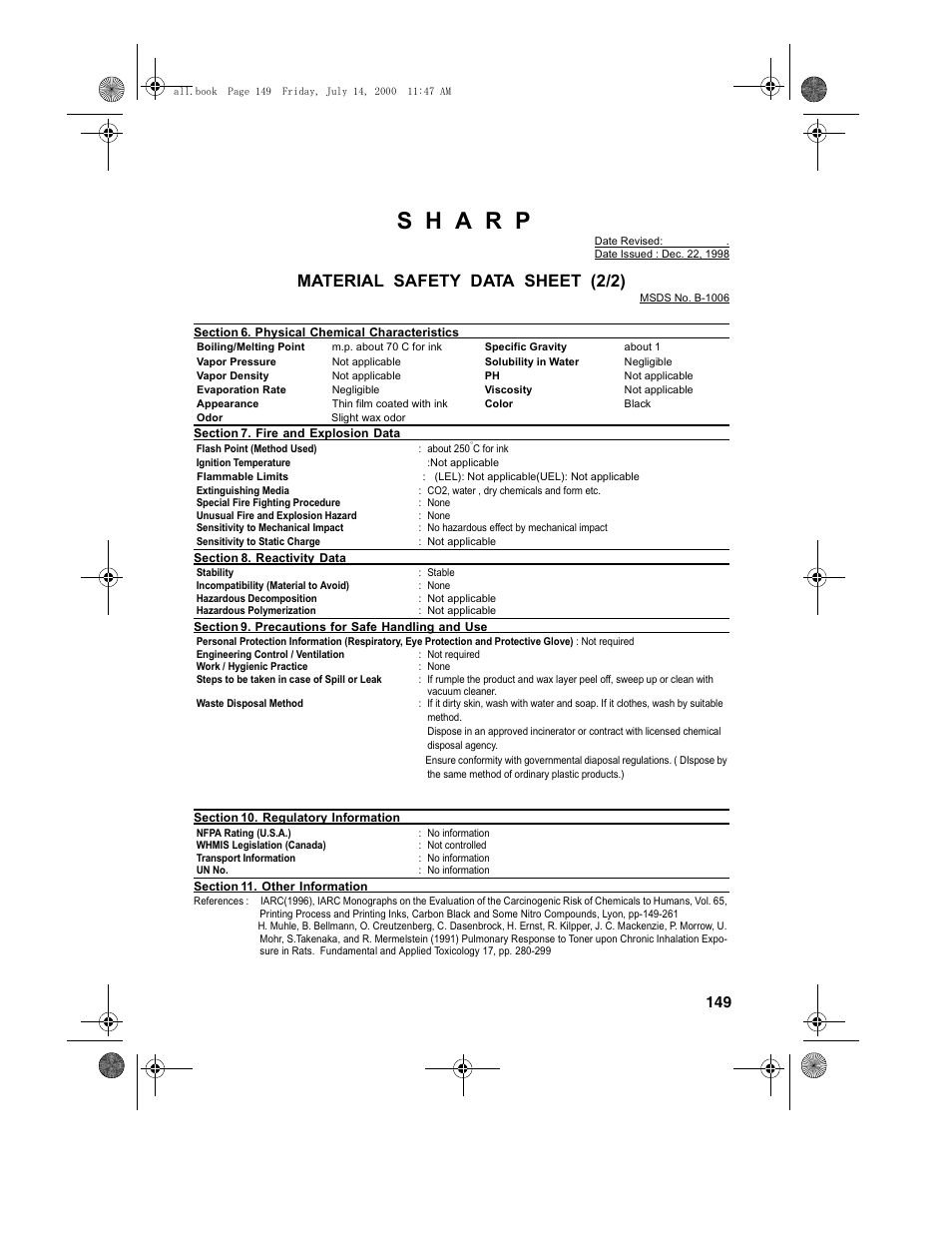 Material safety data sheet (2/2) | Sharp FO-775L User Manual | Page 151 / 156