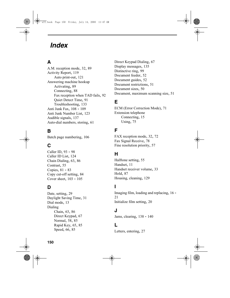 Index | Sharp FO-775L User Manual | Page 152 / 156