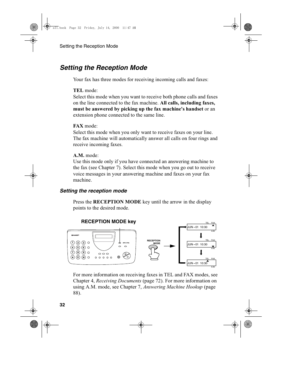 Setting the reception mode, Reception mode key, Setting the reception mode 32 | Sharp FO-775L User Manual | Page 34 / 156