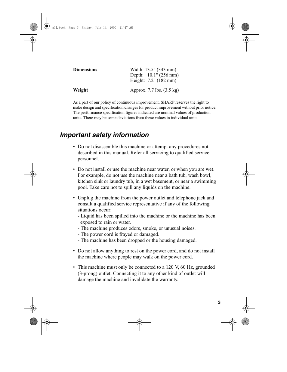 Important safety information | Sharp FO-775L User Manual | Page 5 / 156