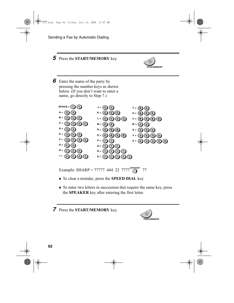 Sending a fax by automatic dialing 62 | Sharp FO-775L User Manual | Page 64 / 156