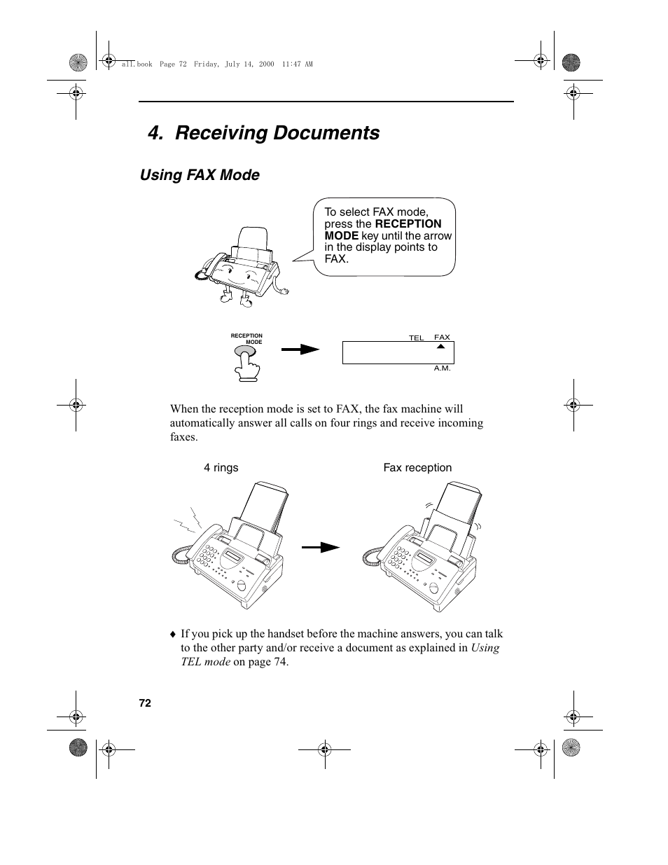 Receiving documents, Using fax mode | Sharp FO-775L User Manual | Page 74 / 156