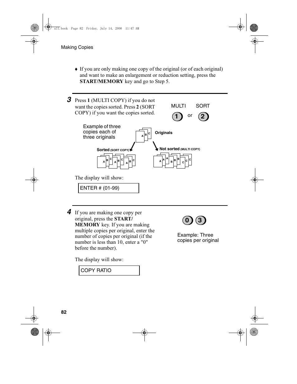 Enter # (01-99), Example: three copies per original copy ratio, Or multi sort | Example of three copies each of three originals | Sharp FO-775L User Manual | Page 84 / 156