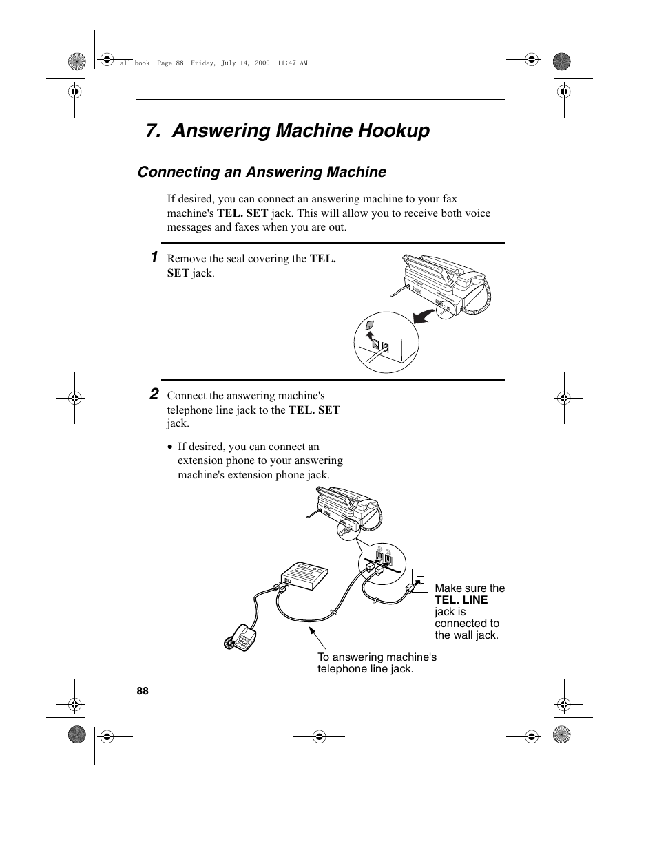 Answering machine hookup, Connecting an answering machine | Sharp FO-775L User Manual | Page 90 / 156