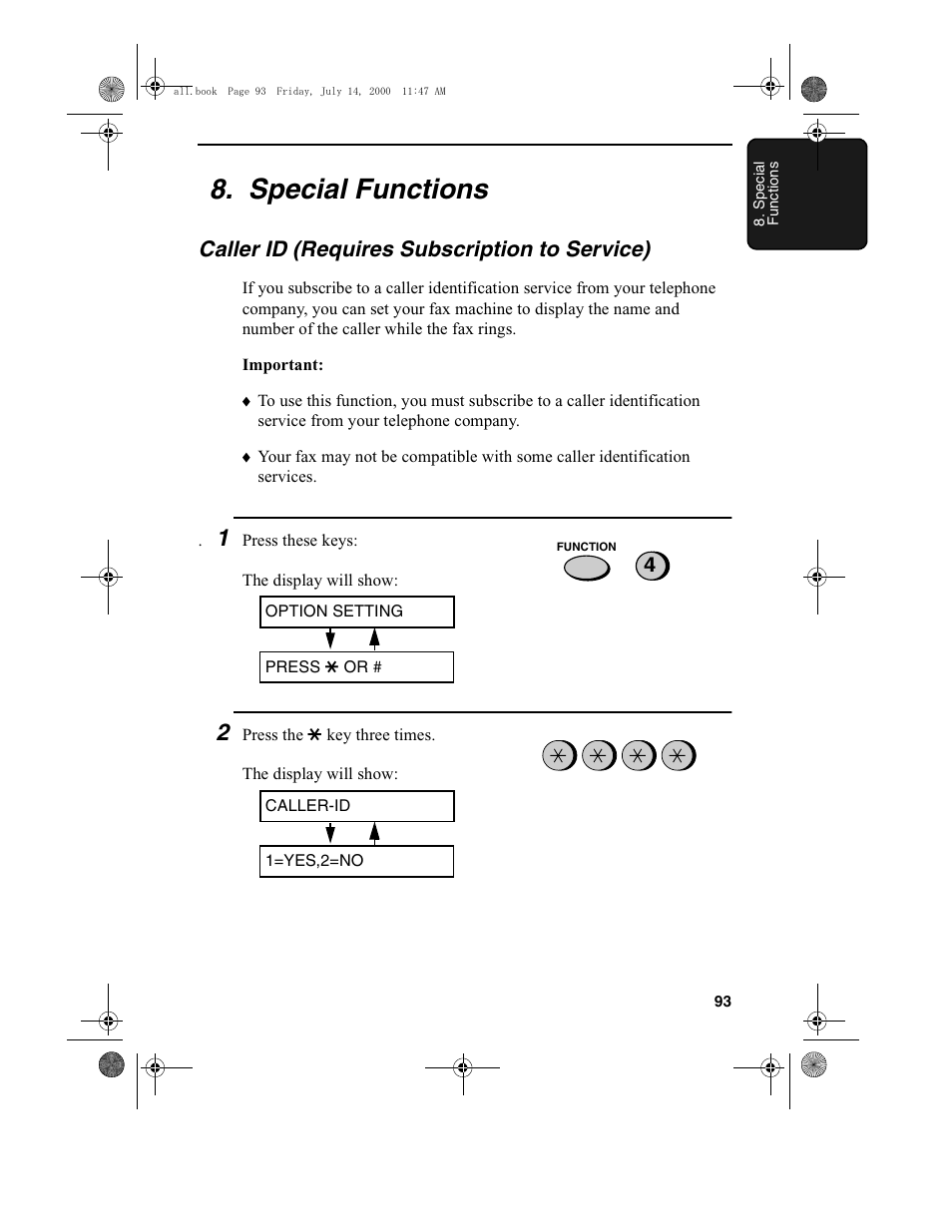 Special functions, Caller id (requires subscription to service) | Sharp FO-775L User Manual | Page 95 / 156