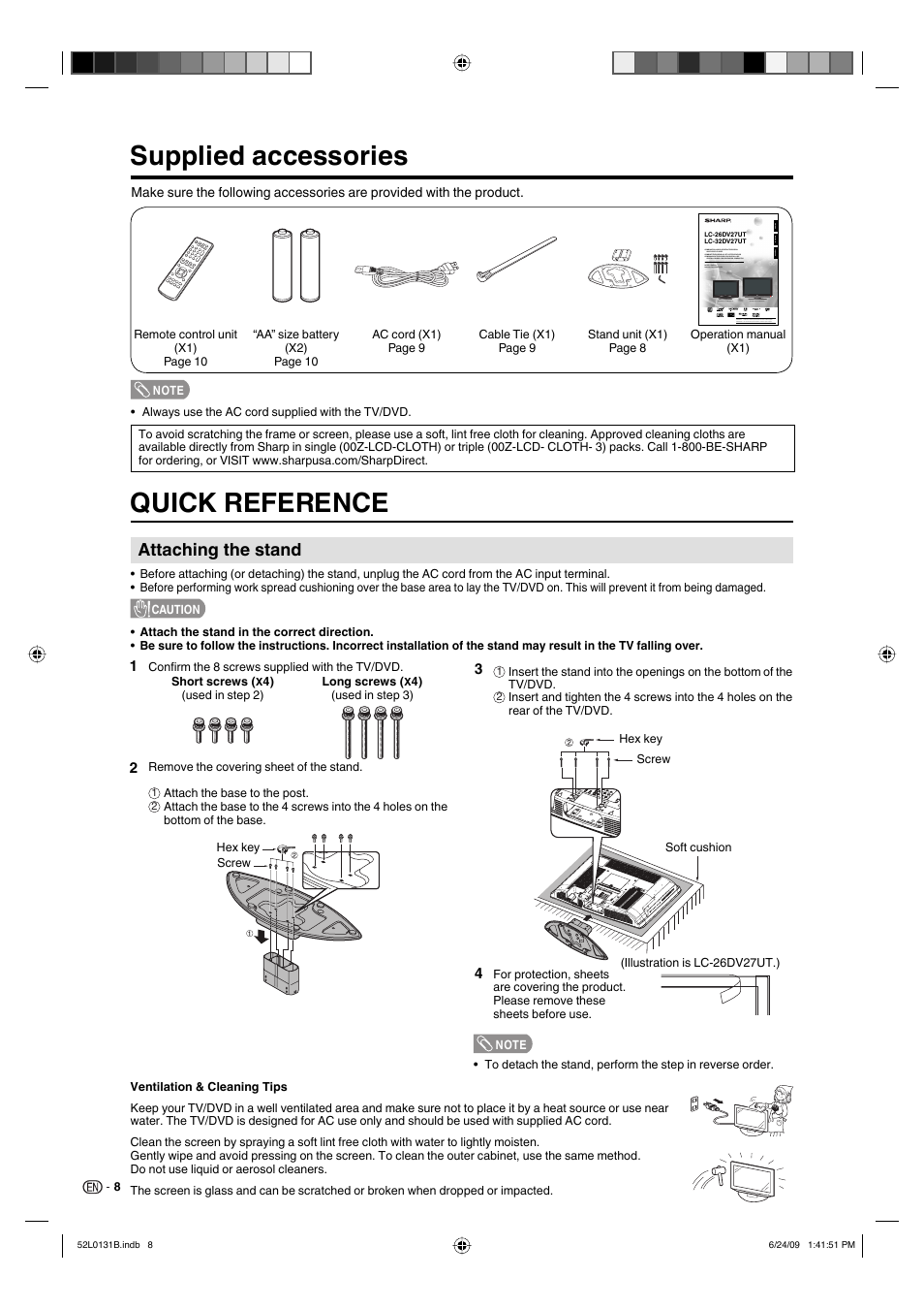 Supplied accessories, Quick reference, Attaching the stand | Sharp LC 26DV27UT User Manual | Page 10 / 40