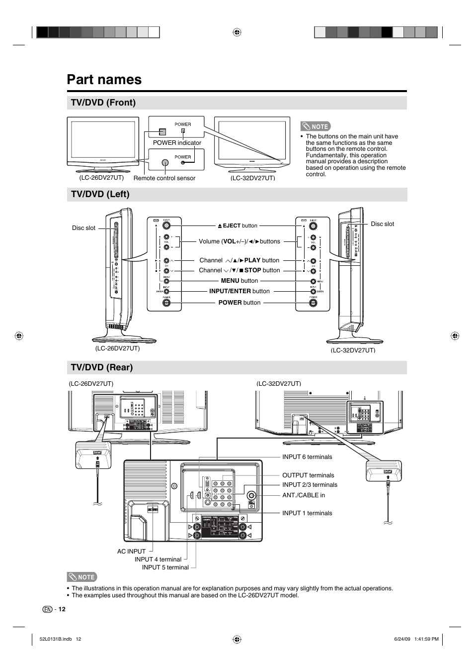 Part names, Tv/dvd (front), Tv/dvd (rear) tv/dvd (left) | Sharp LC 26DV27UT User Manual | Page 14 / 40