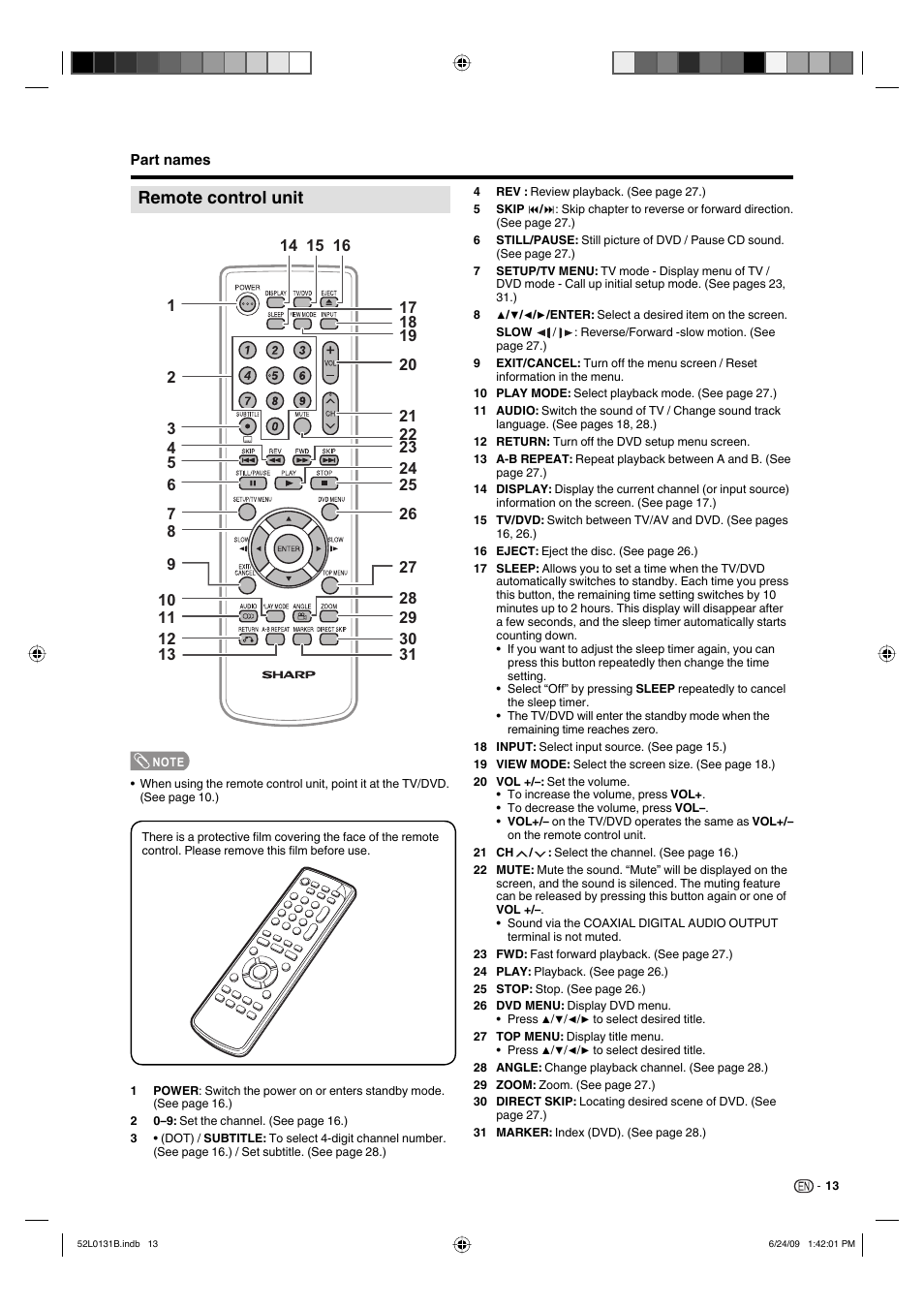 Remote control unit | Sharp LC 26DV27UT User Manual | Page 15 / 40