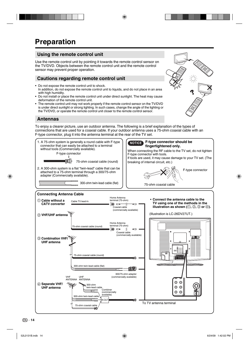 Preparation, Using the remote control unit, Cautions regarding remote control unit | Antennas | Sharp LC 26DV27UT User Manual | Page 16 / 40