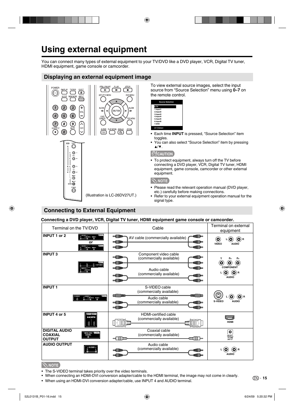 Using external equipment, Displaying an external equipment image, Connecting to external equipment | Sharp LC 26DV27UT User Manual | Page 17 / 40