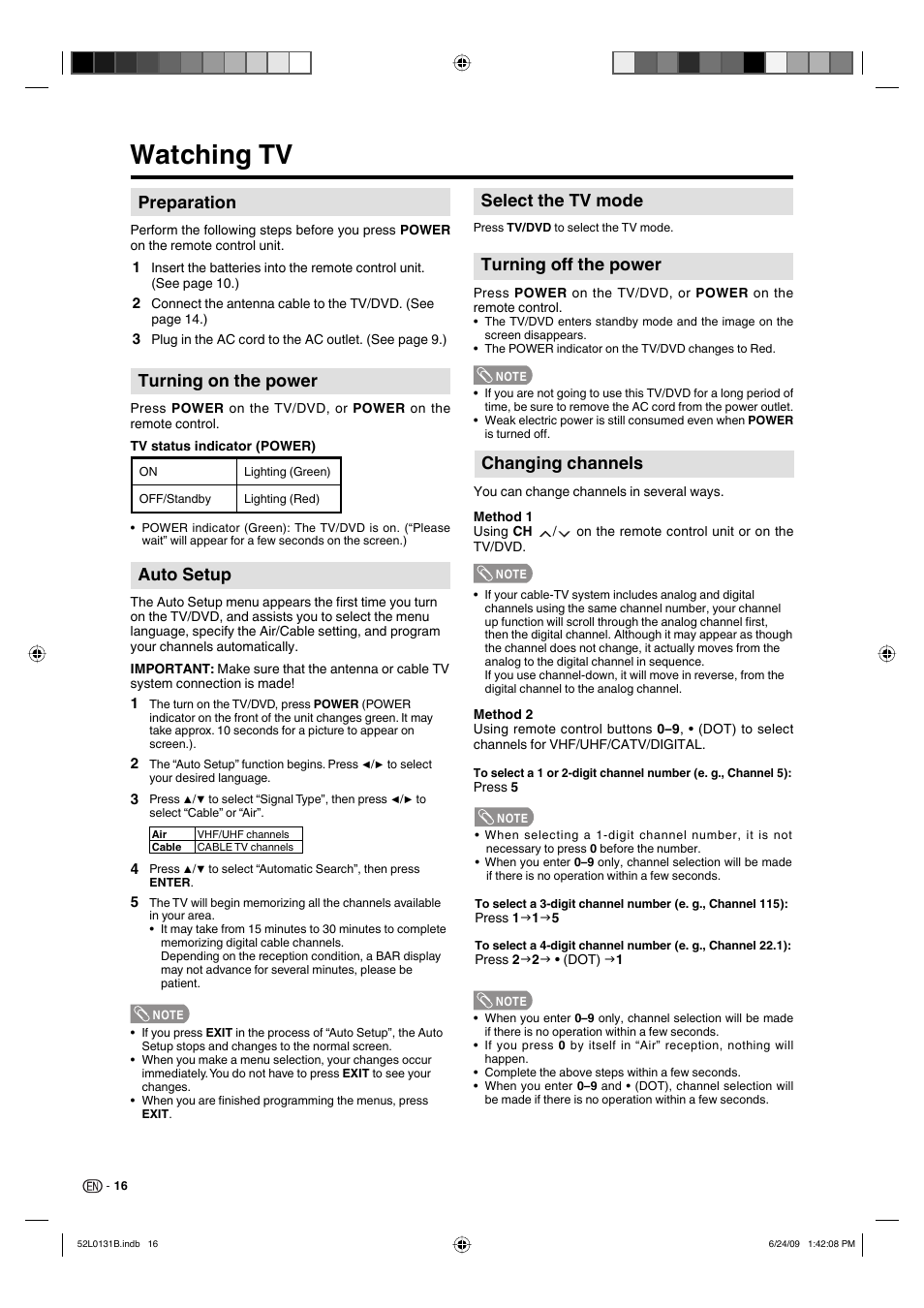 Watching tv, Changing channels, Turning on the power | Auto setup, Preparation, Select the tv mode, Turning off the power | Sharp LC 26DV27UT User Manual | Page 18 / 40