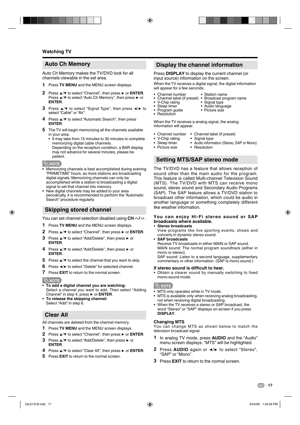 Skipping stored channel, Clear all, Setting mts/sap stereo mode | Display the channel information | Sharp LC 26DV27UT User Manual | Page 19 / 40