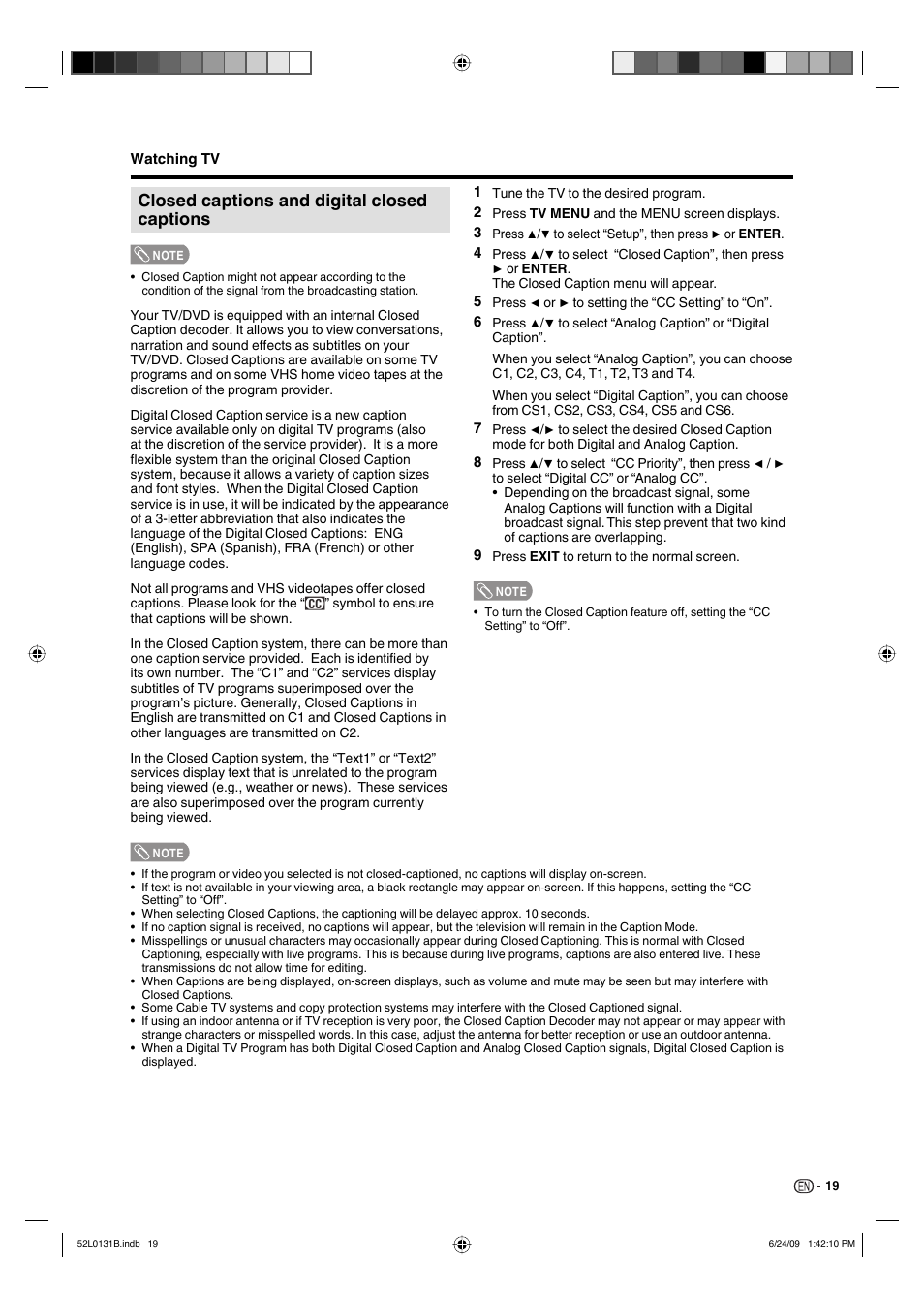 Closed captions and digital closed captions | Sharp LC 26DV27UT User Manual | Page 21 / 40