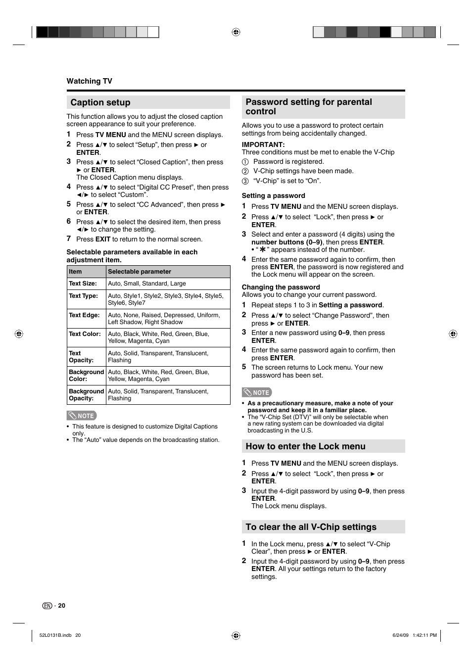 Caption setup, Password setting for parental control, How to enter the lock menu | Sharp LC 26DV27UT User Manual | Page 22 / 40