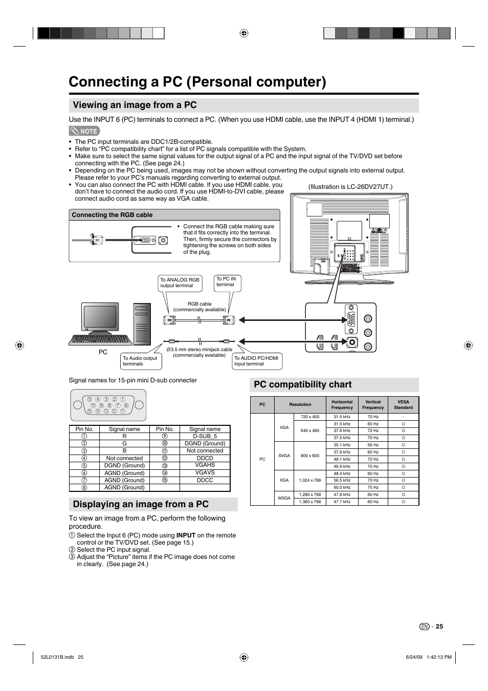 Connecting a pc (personal computer), Viewing an image from a pc, Displaying an image from a pc | Pc compatibility chart | Sharp LC 26DV27UT User Manual | Page 27 / 40