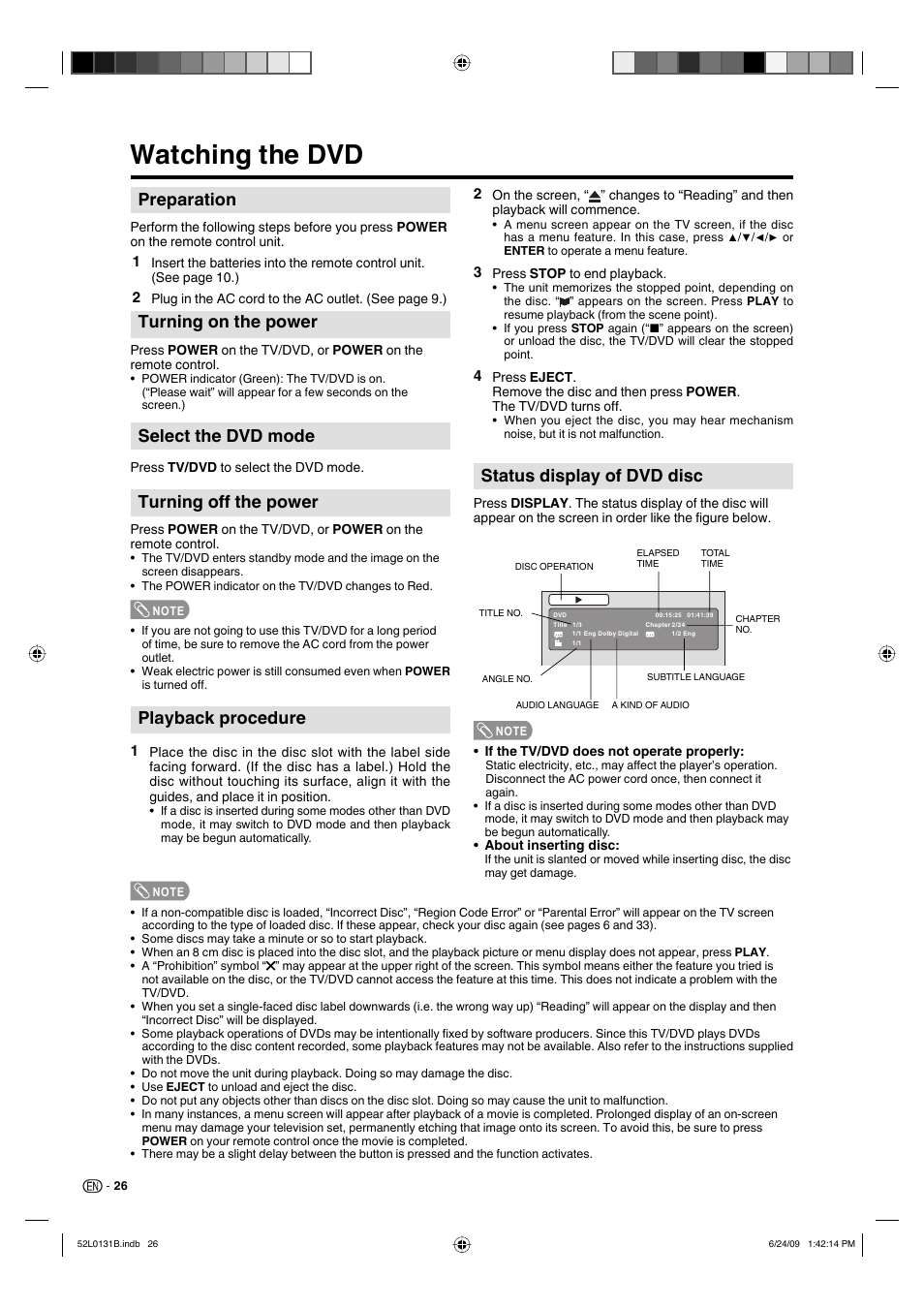 Watching the dvd, Turning on the power, Select the dvd mode | Turning off the power, Preparation, Playback procedure, Status display of dvd disc | Sharp LC 26DV27UT User Manual | Page 28 / 40