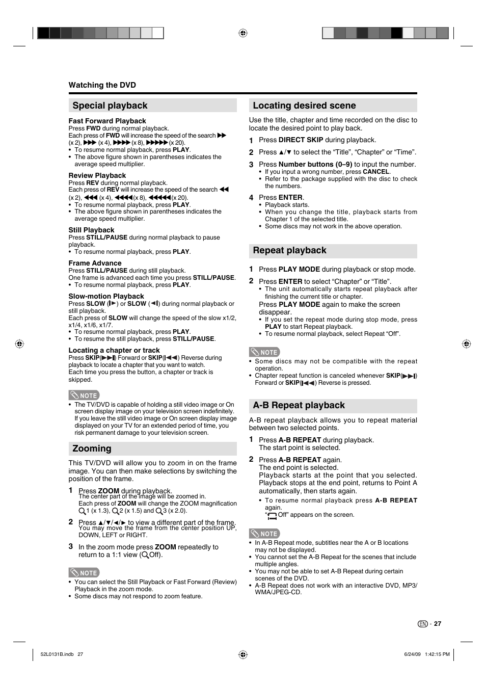 Special playback, Zooming, Locating desired scene | Repeat playback, A-b repeat playback | Sharp LC 26DV27UT User Manual | Page 29 / 40