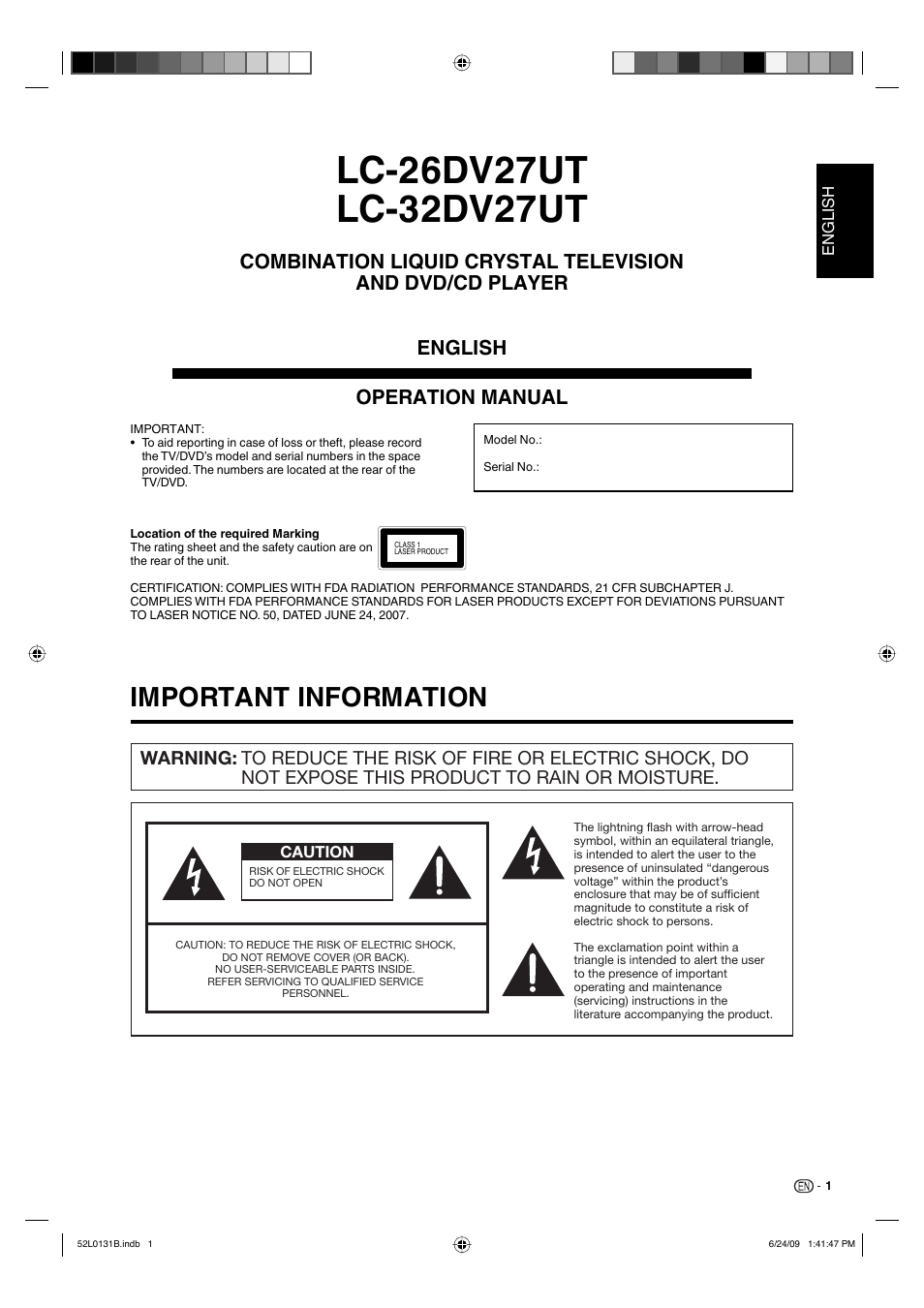 Important information | Sharp LC 26DV27UT User Manual | Page 3 / 40