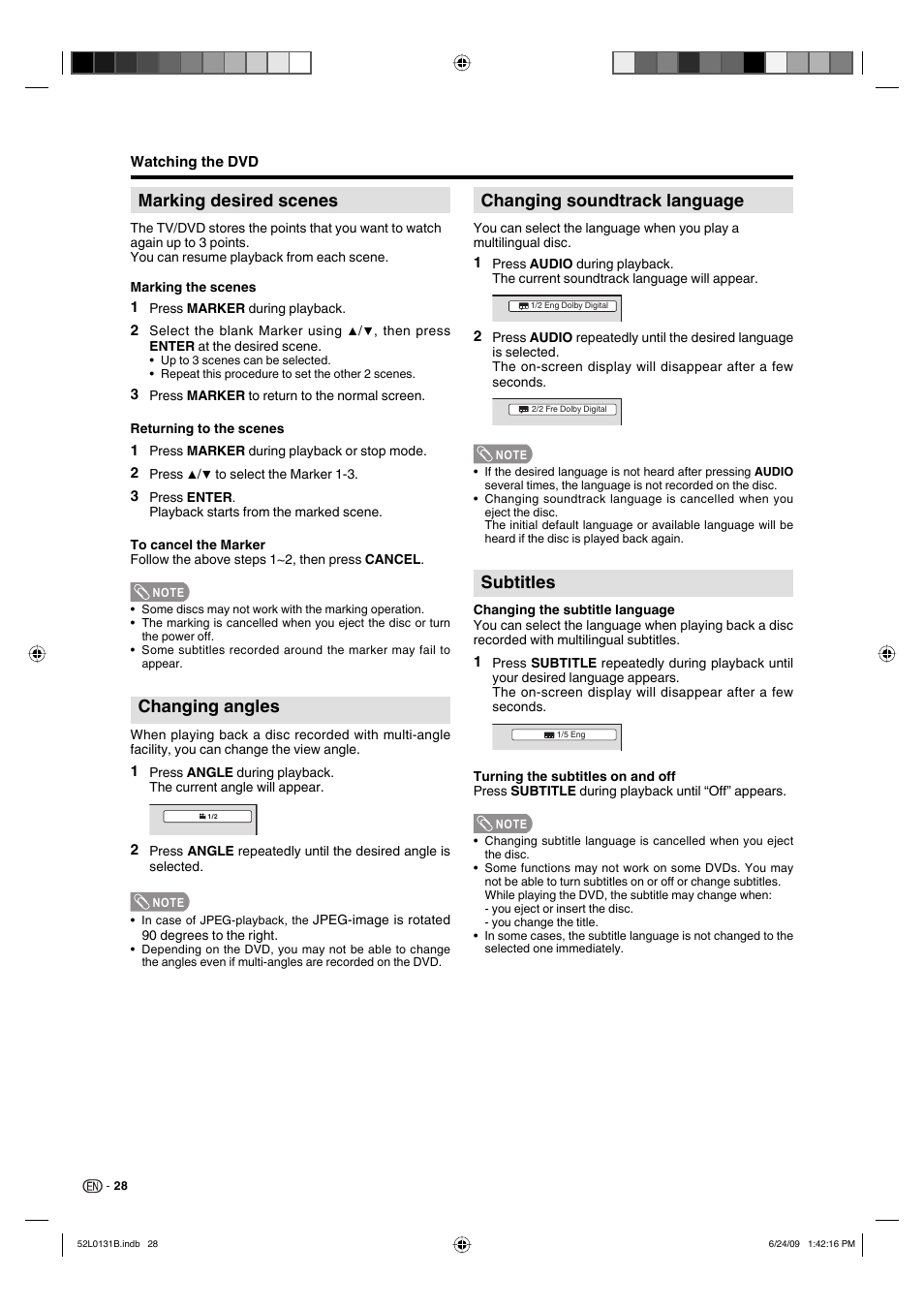 Marking desired scenes, Changing angles, Changing soundtrack language | Subtitles | Sharp LC 26DV27UT User Manual | Page 30 / 40