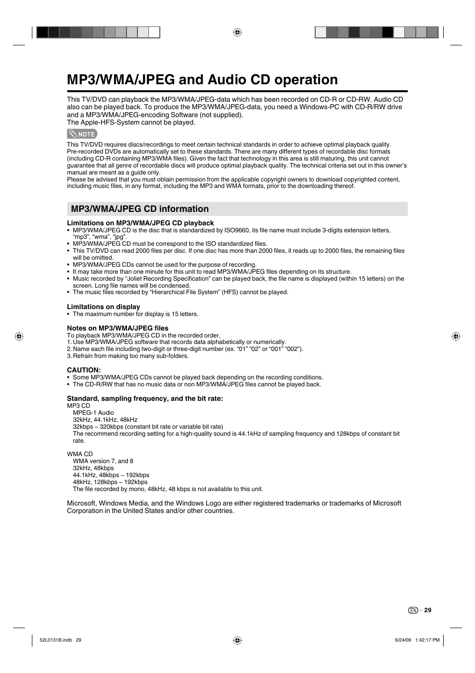 Mp3/wma/jpeg and audio cd operation, Mp3/wma/jpeg cd information | Sharp LC 26DV27UT User Manual | Page 31 / 40