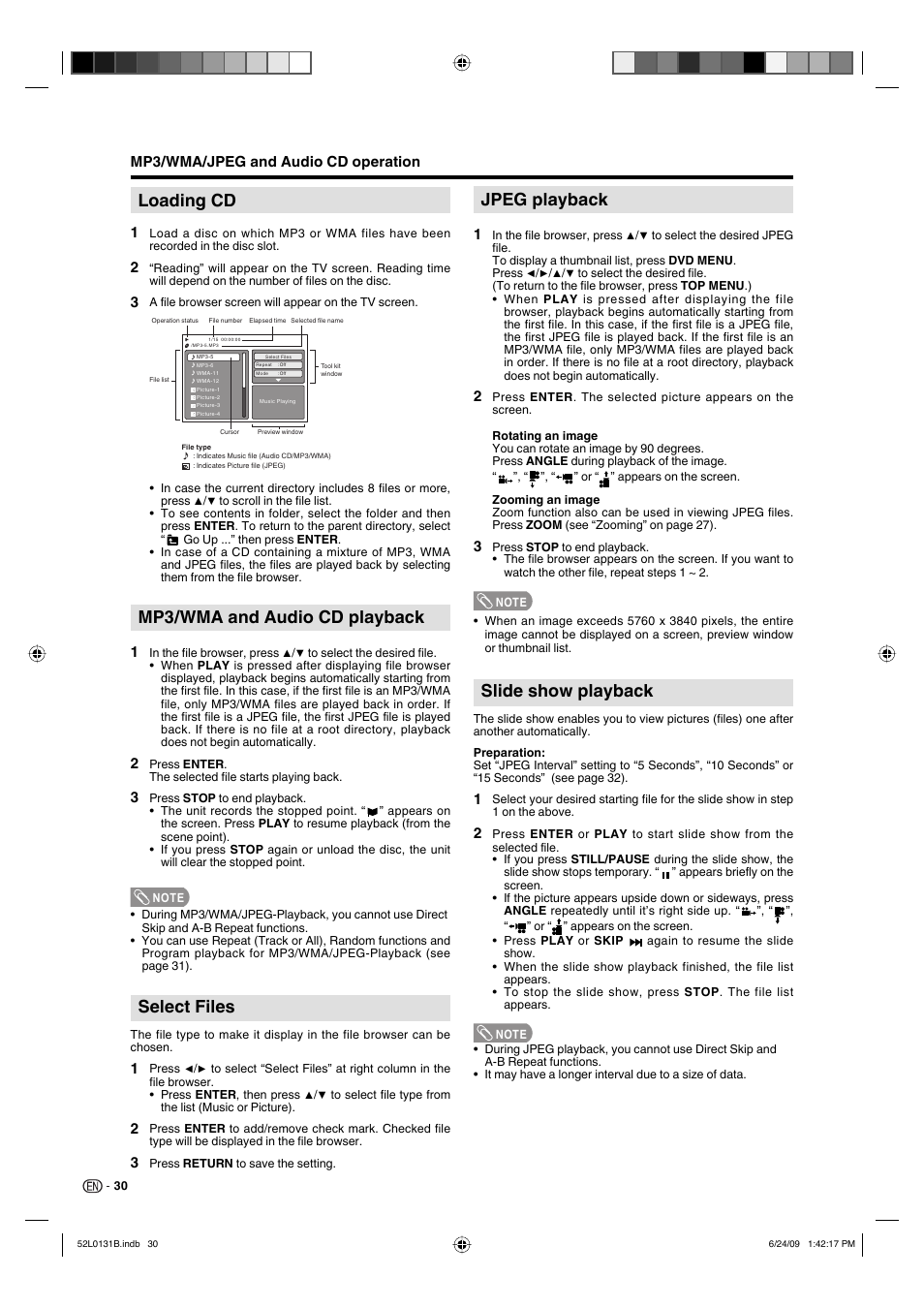 Loading cd, Mp3/wma and audio cd playback, Select files | Jpeg playback, Slide show playback, Mp3/wma/jpeg and audio cd operation | Sharp LC 26DV27UT User Manual | Page 32 / 40