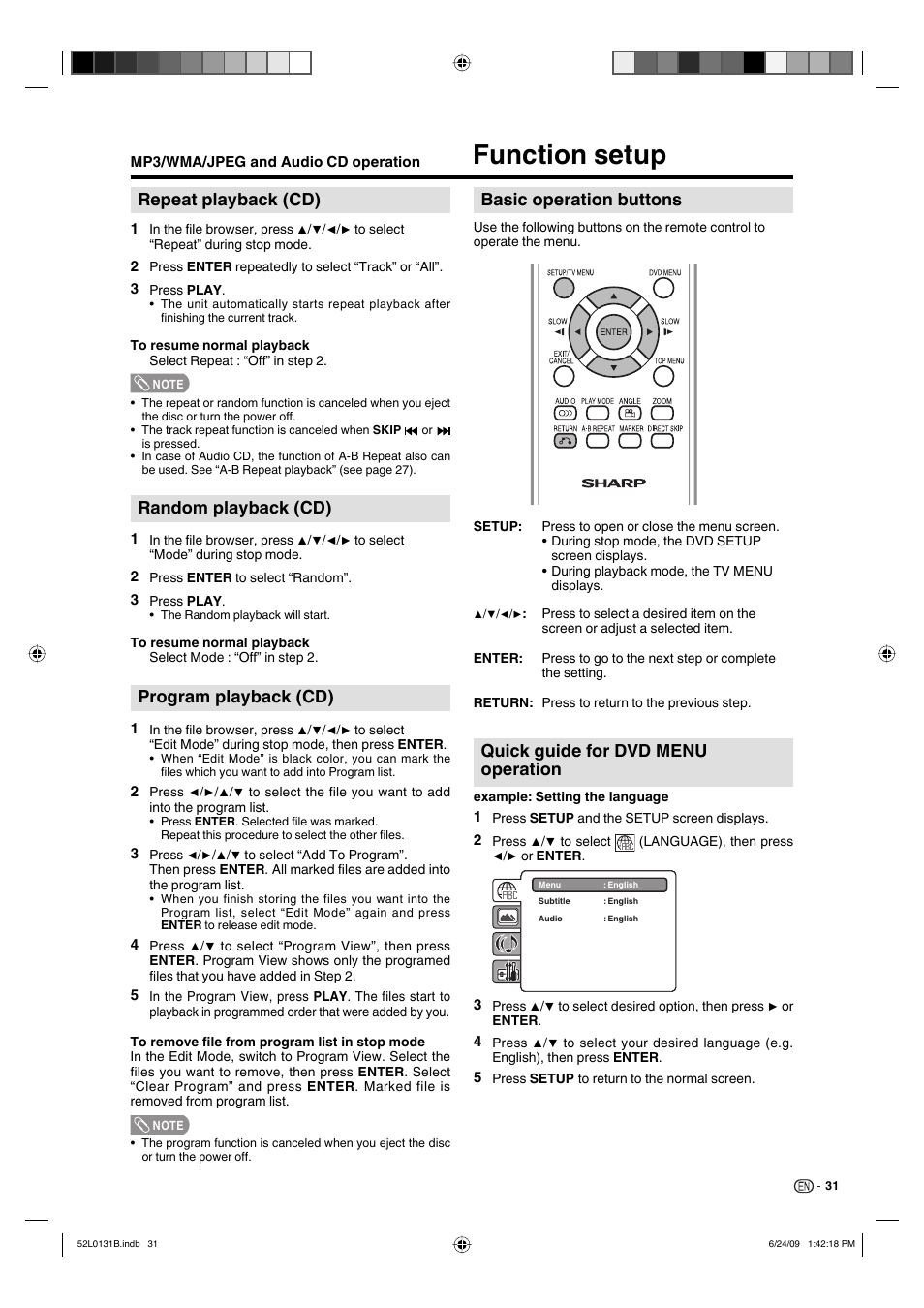 Function setup, Repeat playback (cd), Random playback (cd) | Program playback (cd), Quick guide for dvd menu operation, Basic operation buttons | Sharp LC 26DV27UT User Manual | Page 33 / 40