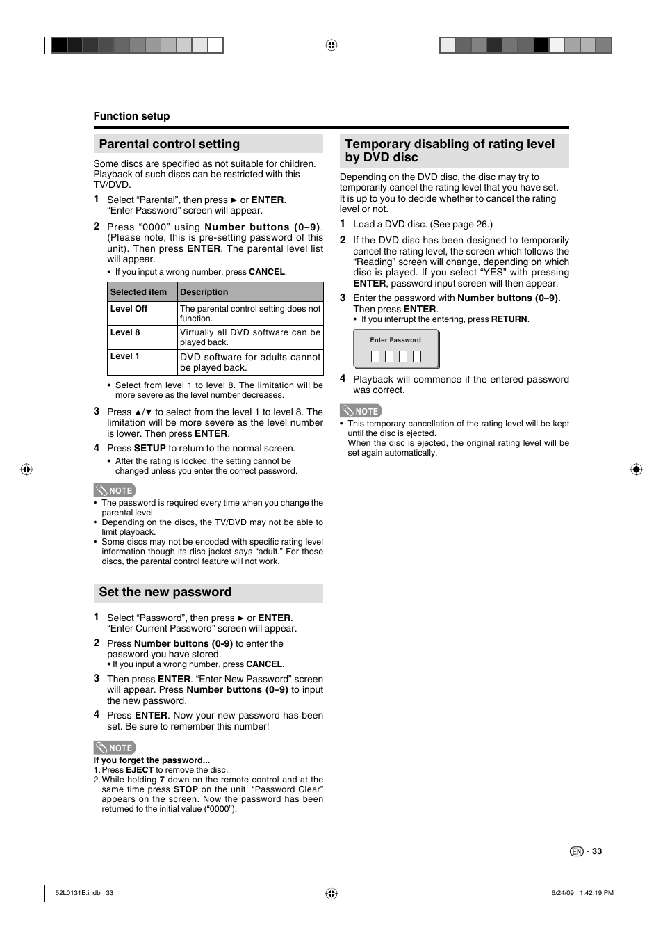 Parental control setting, Set the new password, Temporary disabling of rating level by dvd disc | Sharp LC 26DV27UT User Manual | Page 35 / 40