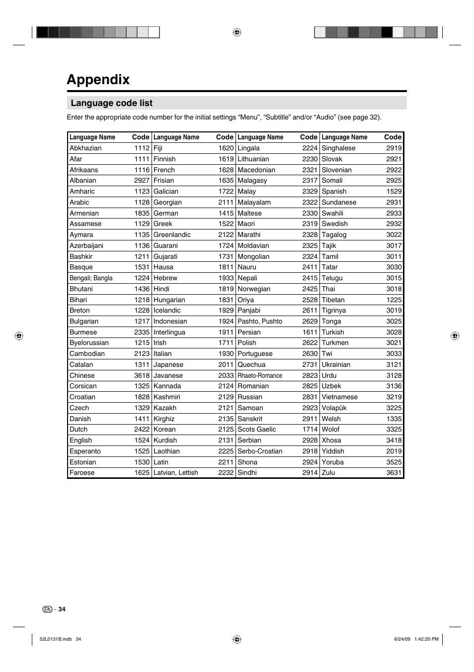 Appendix, Language code list | Sharp LC 26DV27UT User Manual | Page 36 / 40