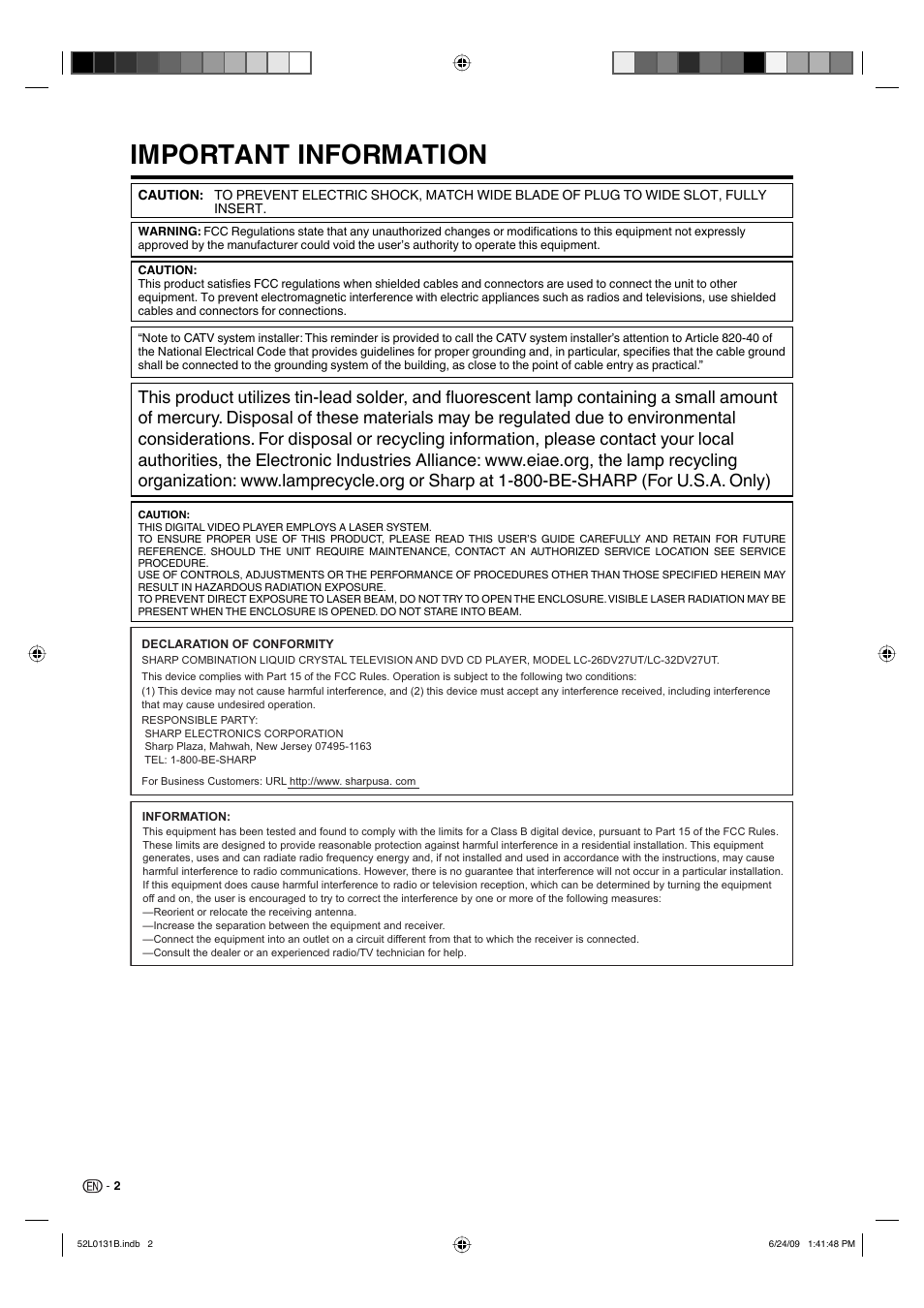 Important information | Sharp LC 26DV27UT User Manual | Page 4 / 40