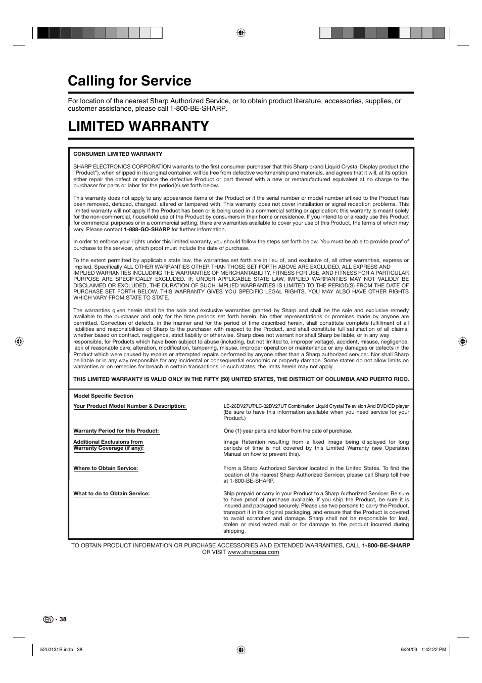 Calling for service limited warranty | Sharp LC 26DV27UT User Manual | Page 40 / 40