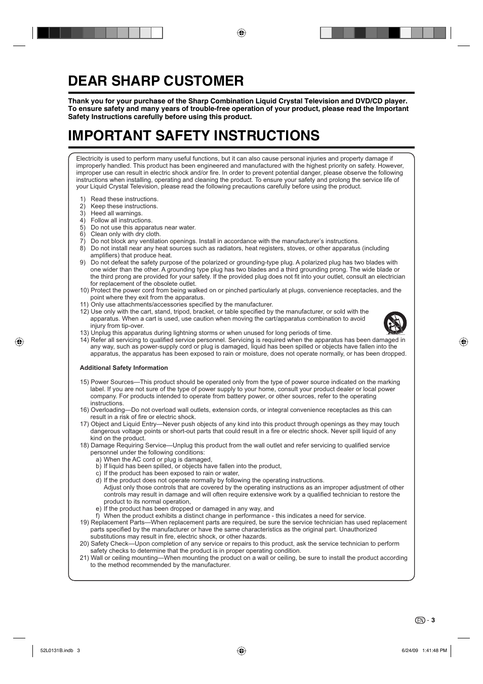 Dear sharp customer, Important safety instructions | Sharp LC 26DV27UT User Manual | Page 5 / 40