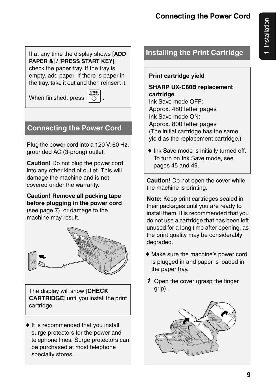 Connecting the power cord, Installing the print cartridge | Sharp UX-B800SE User Manual | Page 11 / 76