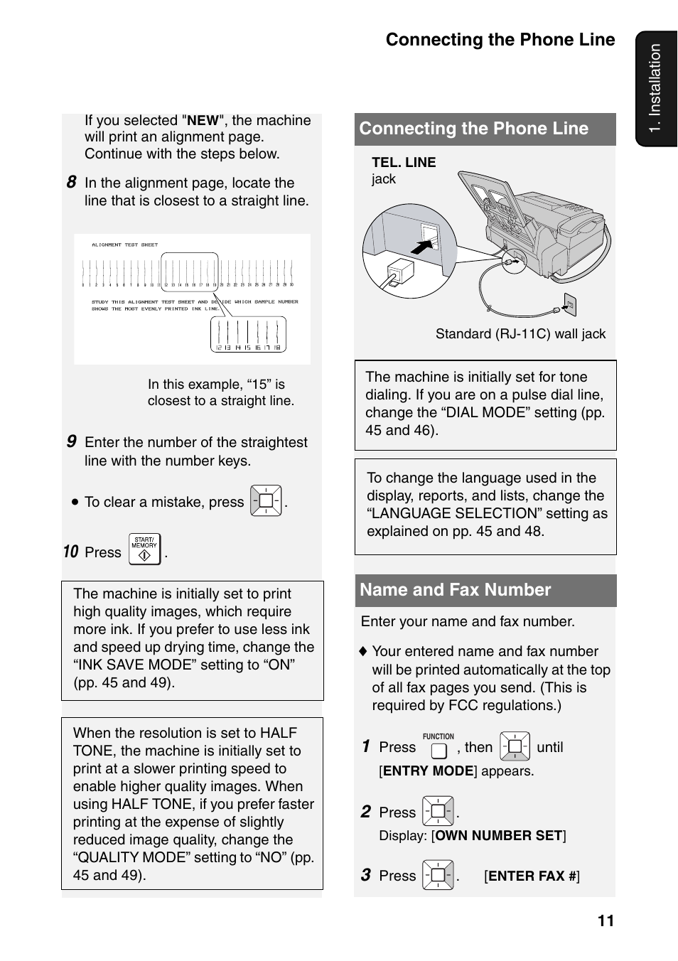 Connecting the phone line, Name and fax number, Connecting the phone line name and fax number | Sharp UX-B800SE User Manual | Page 13 / 76